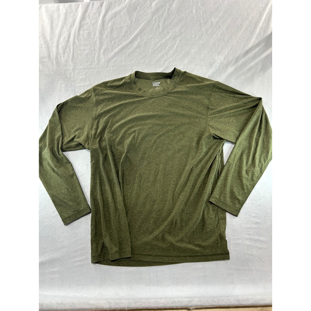 Lands End Mens Long Sleeve Performance T-Shirt Olive Green Heathered Crewneck L